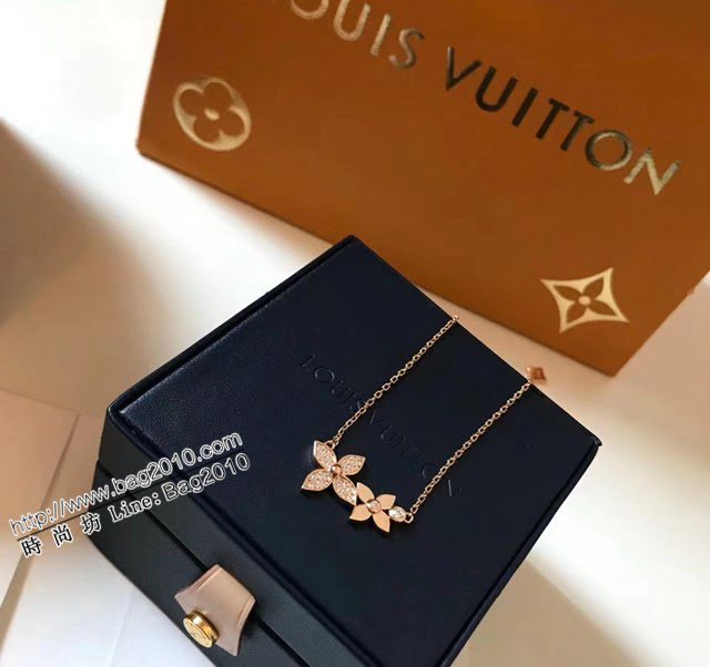 Louis Vuitton純銀飾品 路易威登滿鑽雙花項鏈 LV簡約四葉草玫瑰金鎖骨鏈  zglv2192